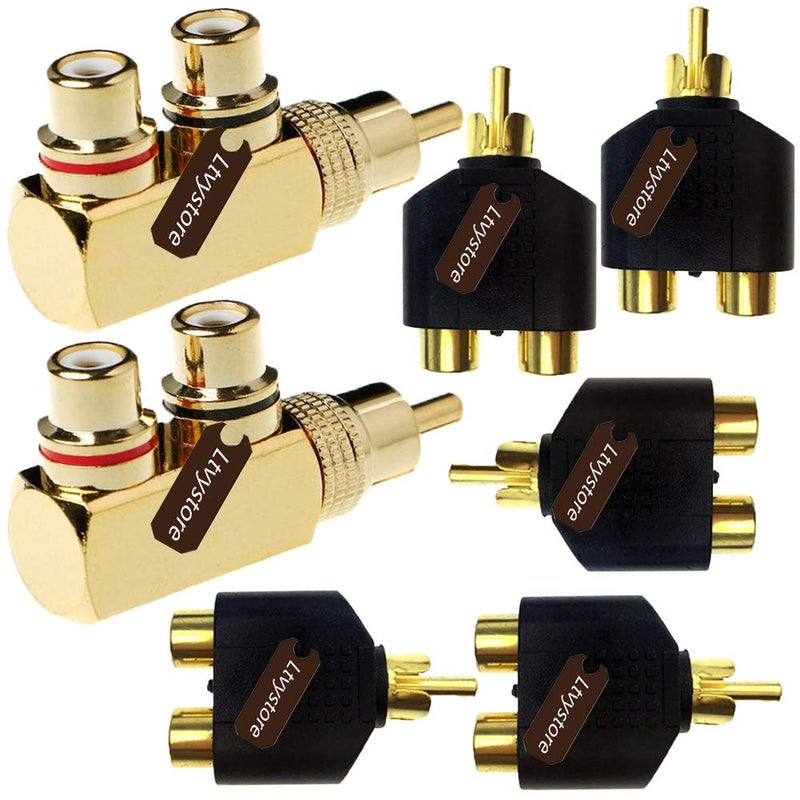 Ltvystore 2Pcs RCA Male to 2 Female Right Angle Plug Splitter Adapter Connector & 5 Pcs Audio Video Gold Male to 2 Female Coupler Adapter - Image 1